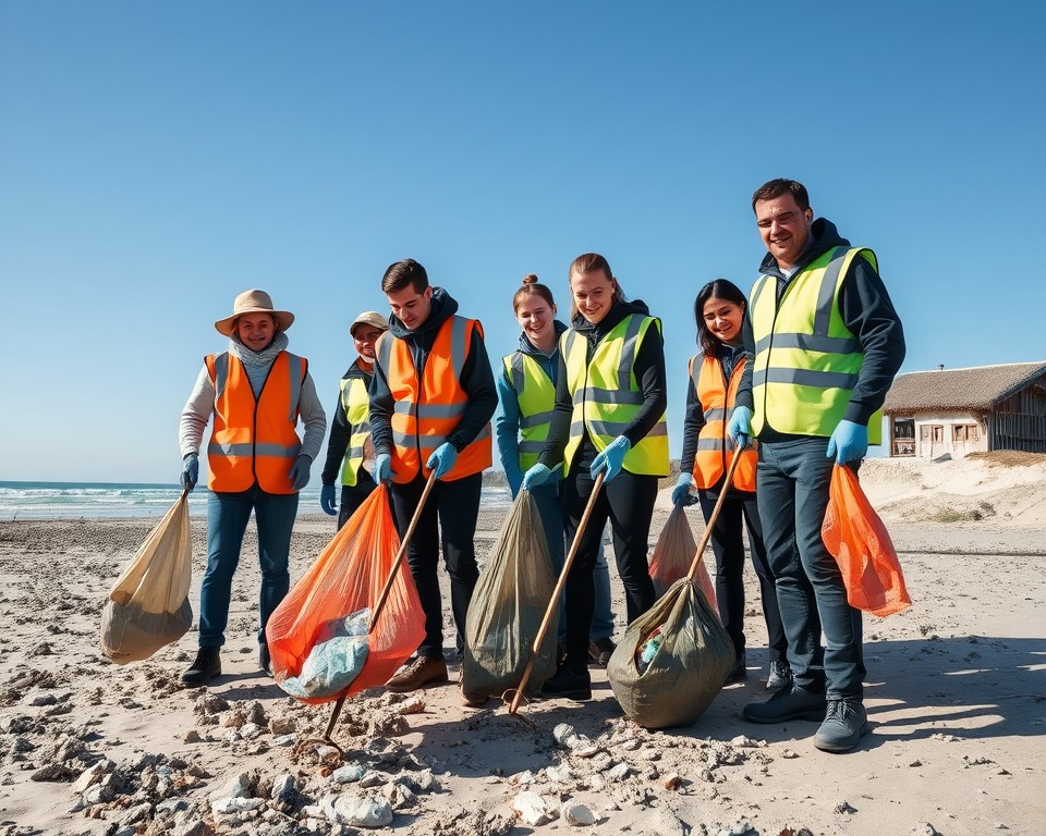 Corporate employees cleaning up a public area as part of CSR team-building to support environmental causes.