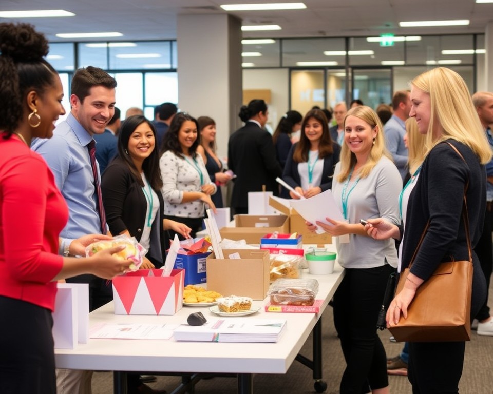 Corporate team hosting a charity bake sale for CSR team-building.