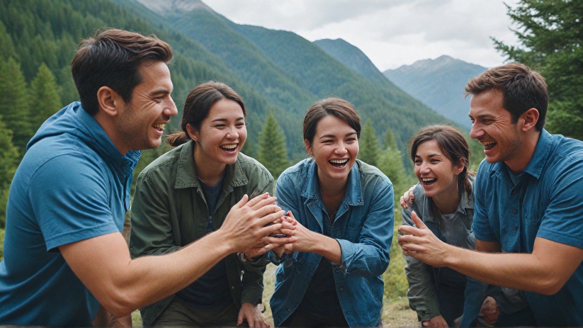 A group of colleagues participating in a team-building activity at a scenic mountain retreat, with clear, visible faces, showing expressions of joy and engagement in the activity.