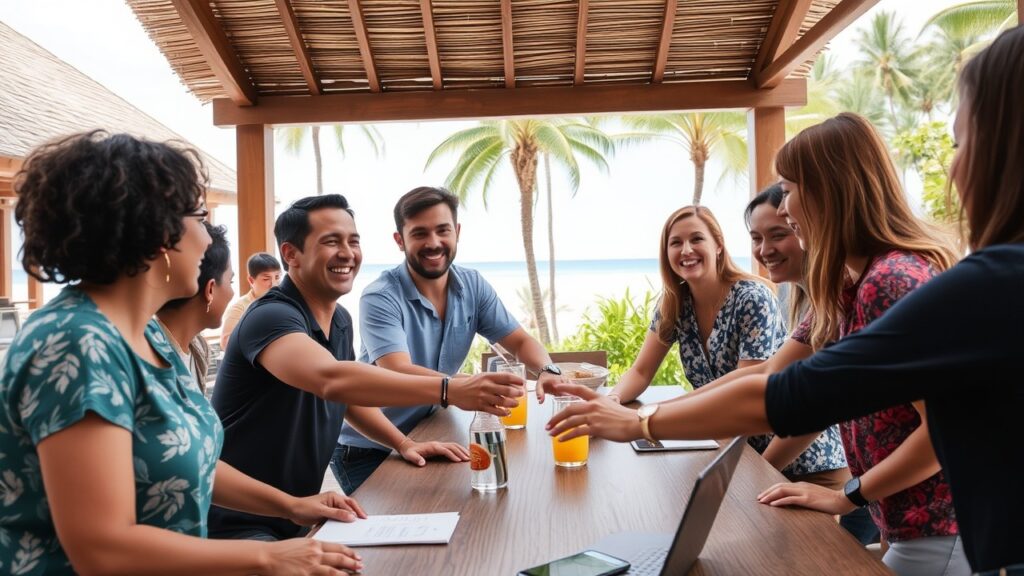 A group of colleagues bonding during a fun team-building activity at a resort, with clear, visible faces showing enjoyment.