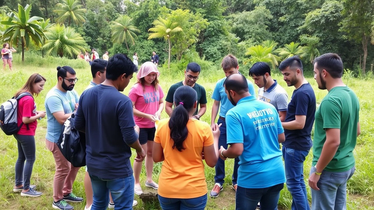 Outdoor team-building event with employees enjoying activities.