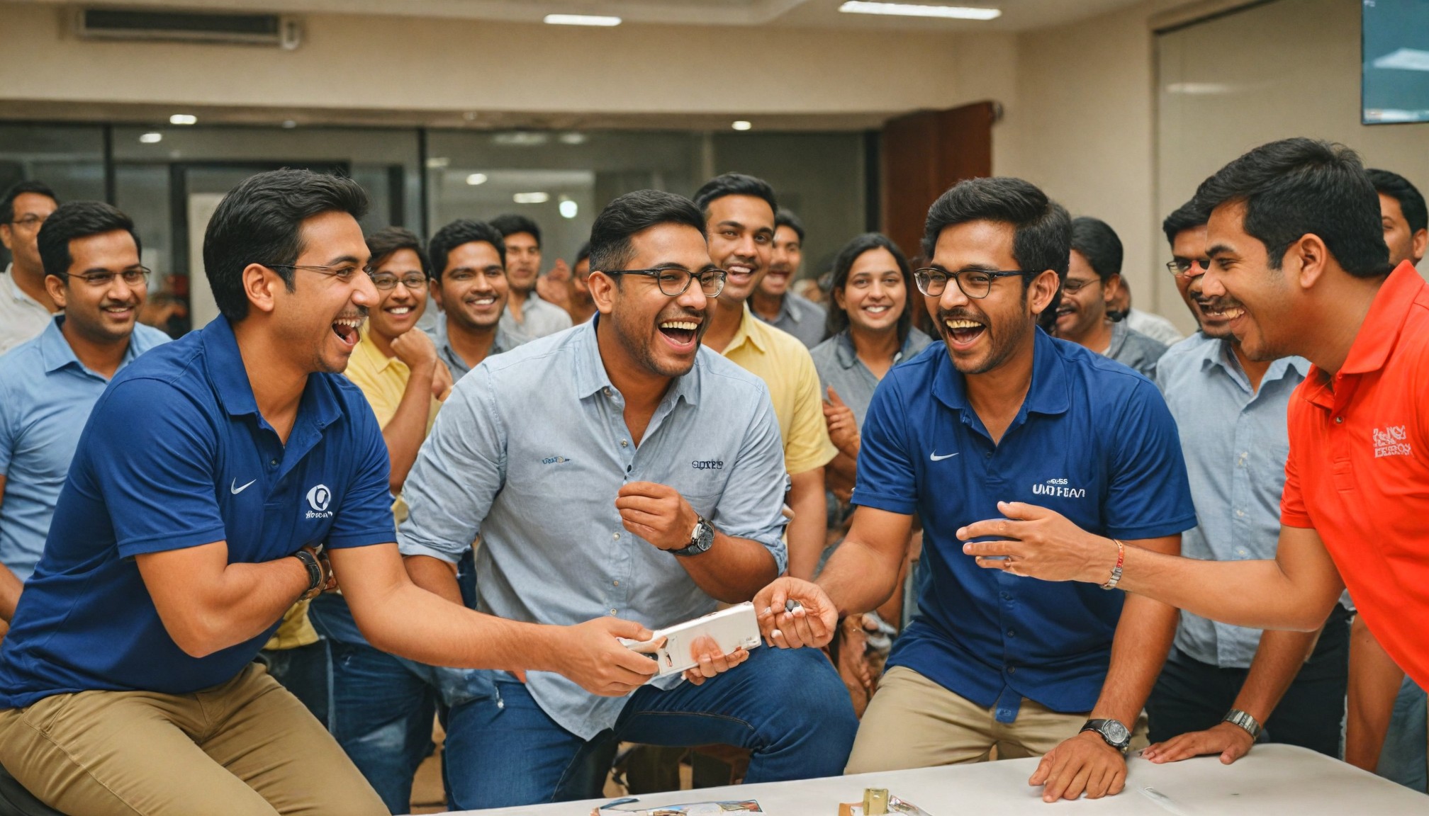 Team bonding and laughter during a fun Friday activity at Mileage Global's indoor team-building event in Bangalore.