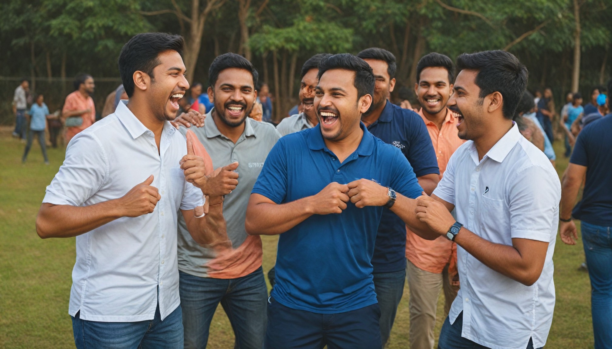Excited laughter and camaraderie during a high-energy outdoor game at Mileage Global's team-building event in Bangalore.