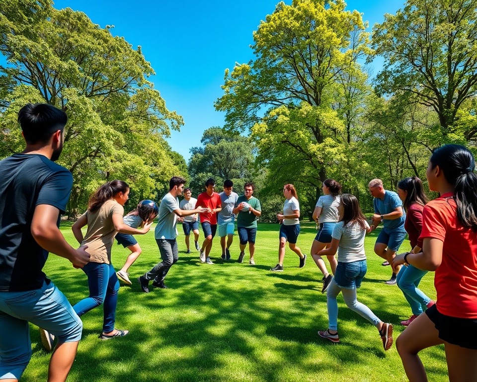 Outdoor team-building activity with relay race, promoting teamwork and collaboration in a lush park setting.