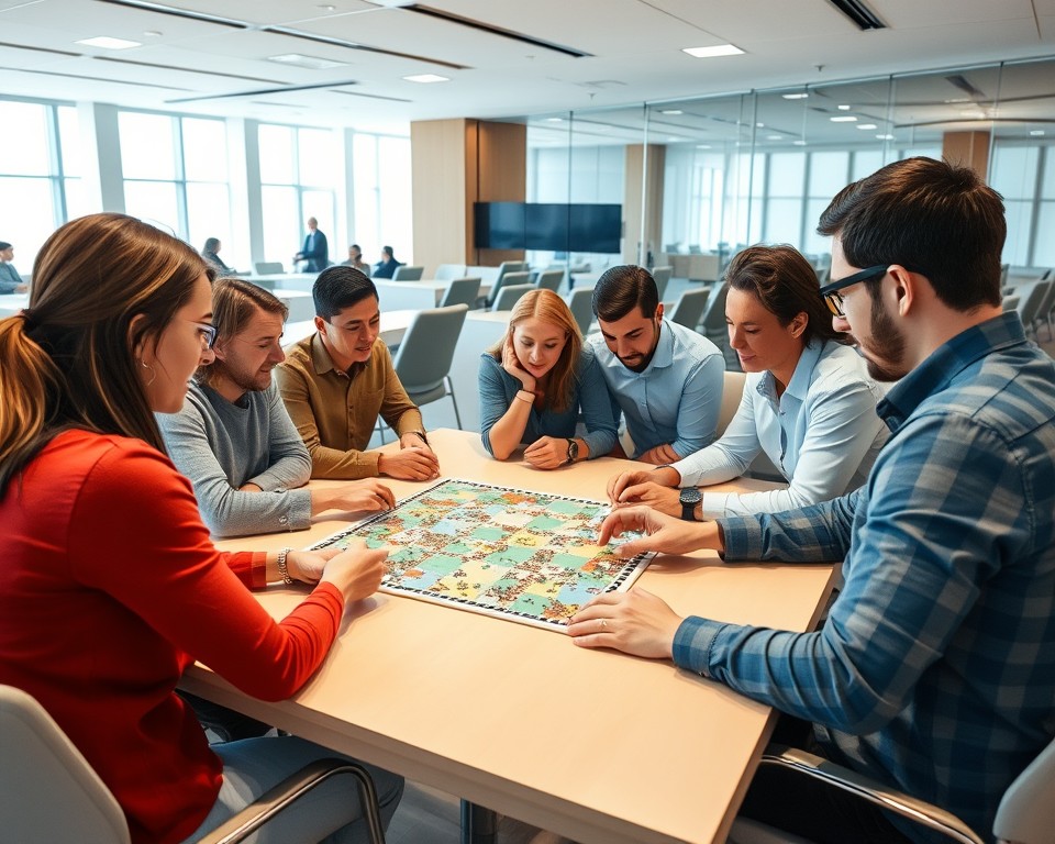 Indoor team-building puzzle-solving activity, fostering collaboration and problem-solving in a modern corporate conference room